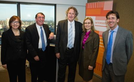 Image - (L to R): Prof Mary O'Kane, NSW Chief Scientist and Engineer; Emeritus Prof Mark Wainwright AM, Chair of Intersect; Prof Les Field AM, Deputy Vice-Chancellor (Research), UNSW; Gabrielle Upton MP, Parliamentary Secretary for Tertiary Education and Skills; and Dr Ian Gibson CEO of Intersect.